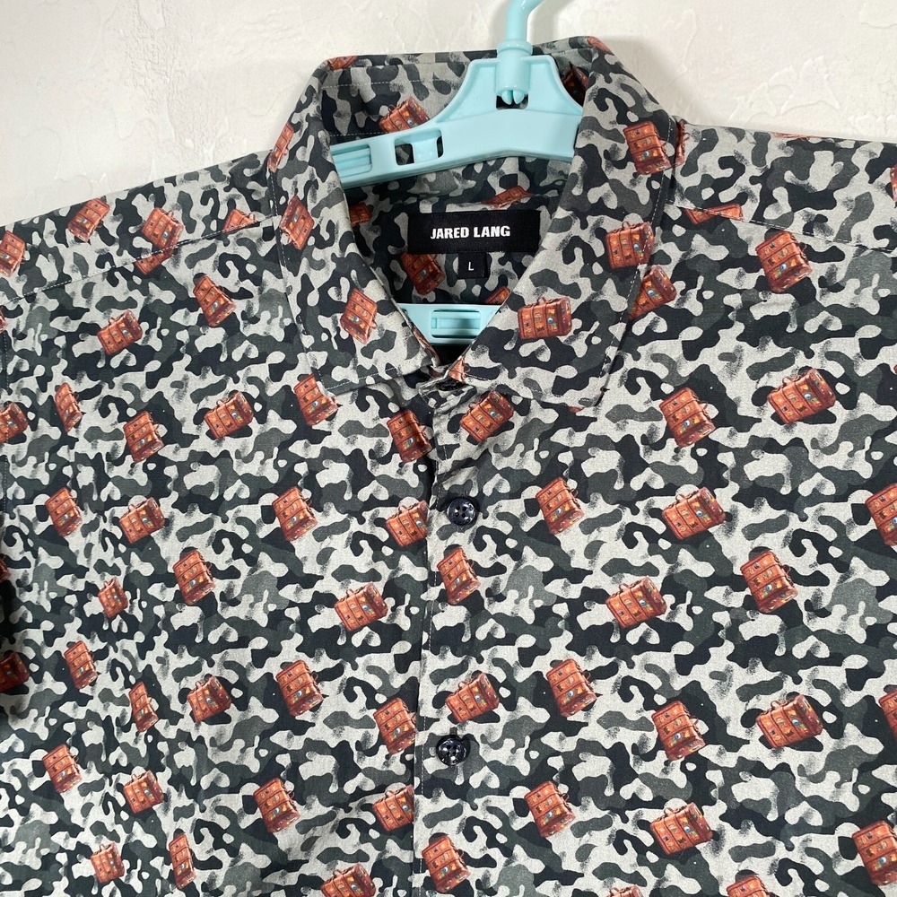 Jared Lang Shirt Mens Large Gray Button‎ Up Short Sleeve Camo Briefcase Print